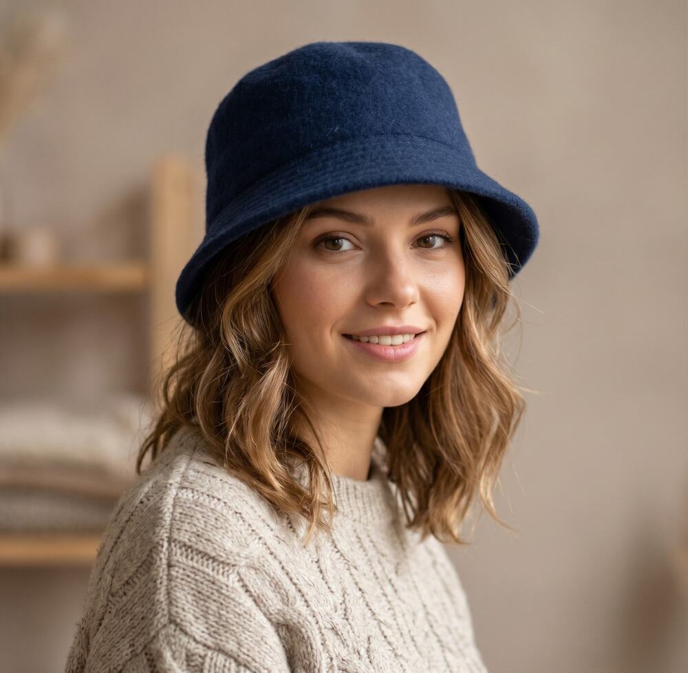 Classic Navy Blue Bucket Hat 100% Wool Hat